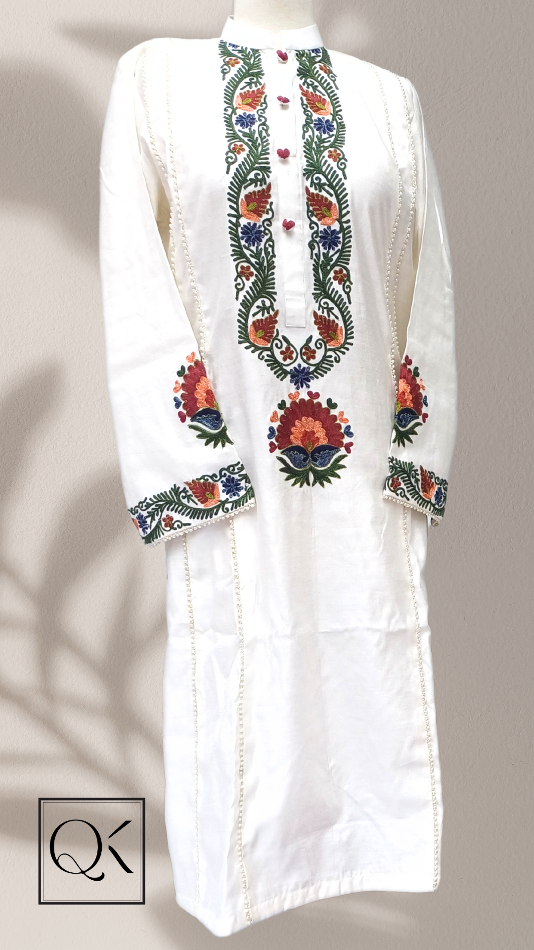Rang-e-Bahar – Ivory Shirt with Multicolor Aar Work & Pearl Detailing