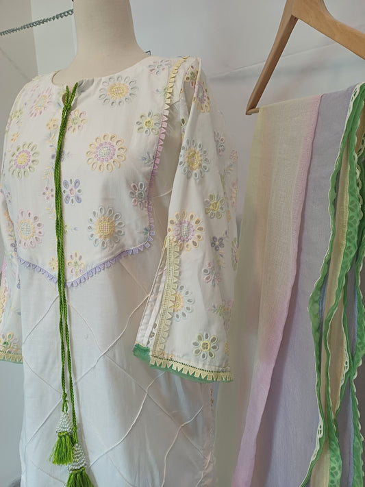Pastel Whisper – Ivory & Pastel Chicken Shirt with Dupatta