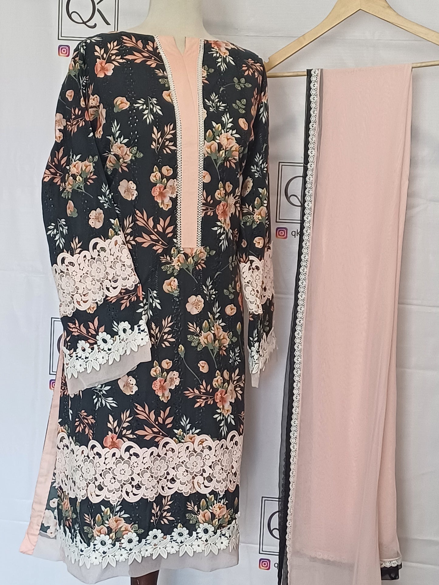 Twilight Rose – Grey-Black & Pink Chicken Shirt with Dupatta