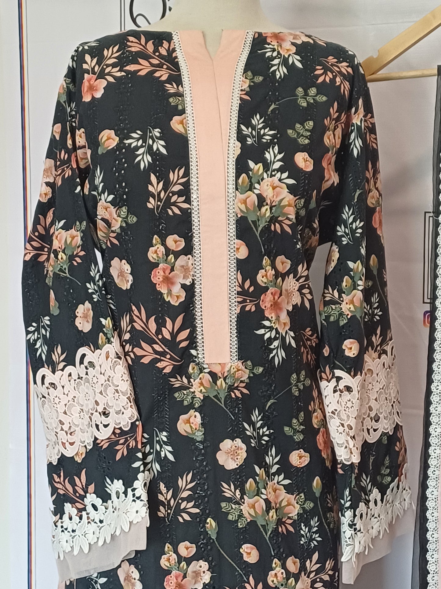 Twilight Rose – Grey-Black & Pink Chicken Shirt with Dupatta