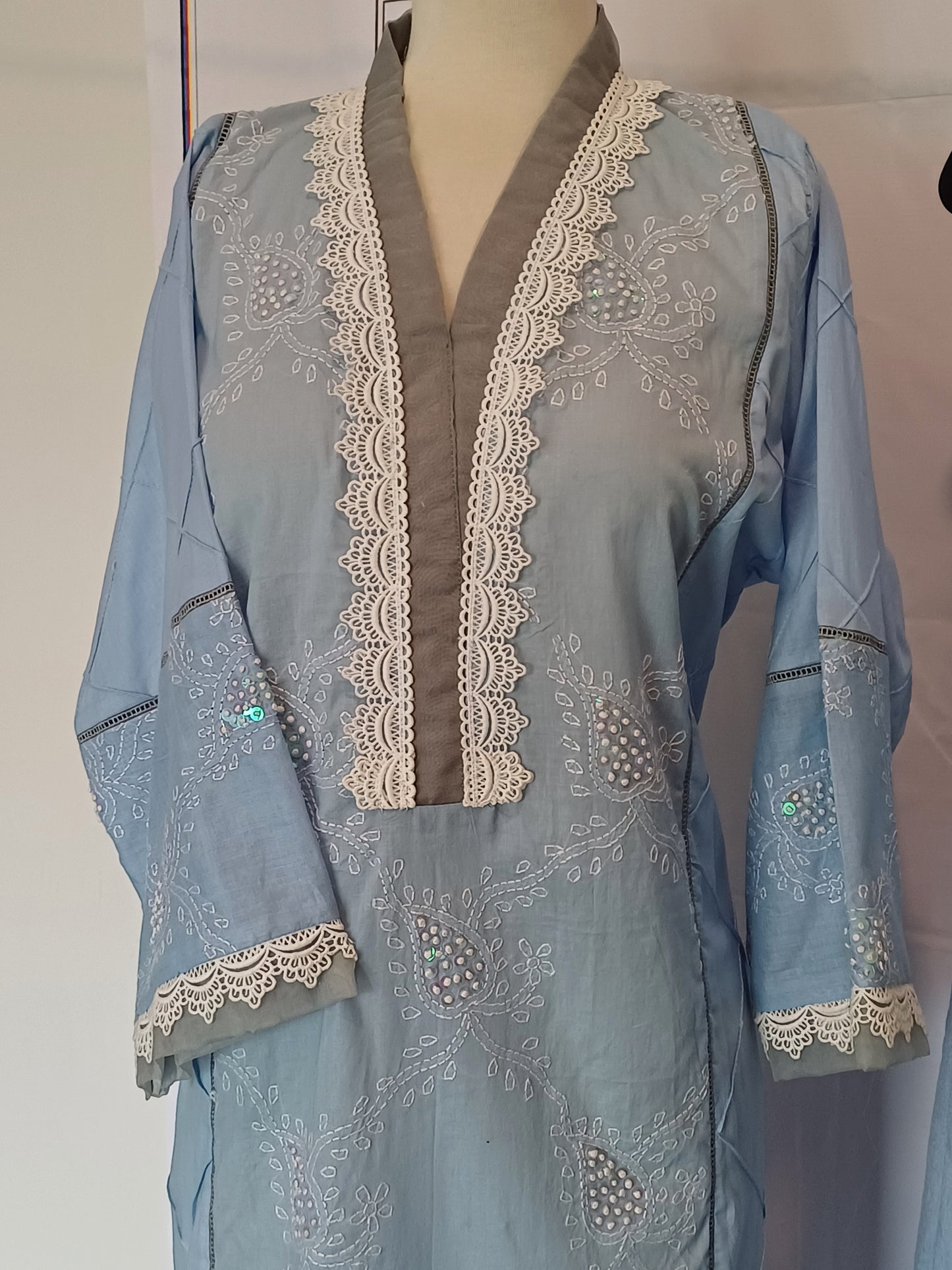 Sky Haze – Light Blue & Grey Shadow Work Shirt with Dupatta