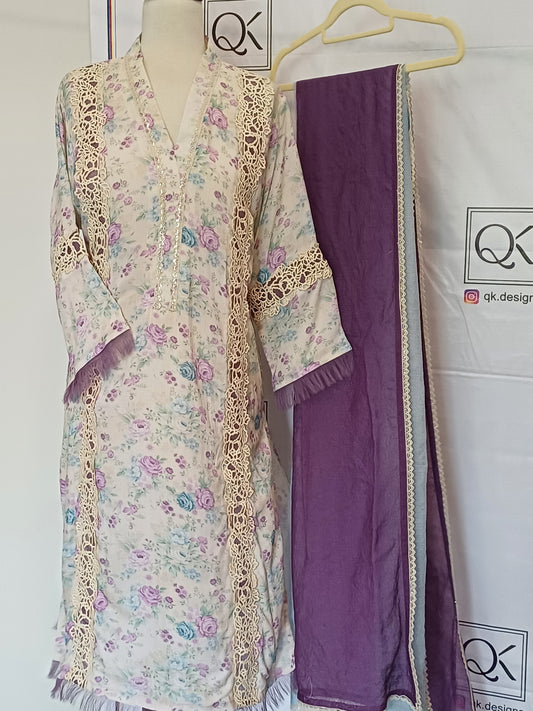 Blush Dunes – Ivory & Pastel Printed Arabic Lawn Shirt with Dupatta