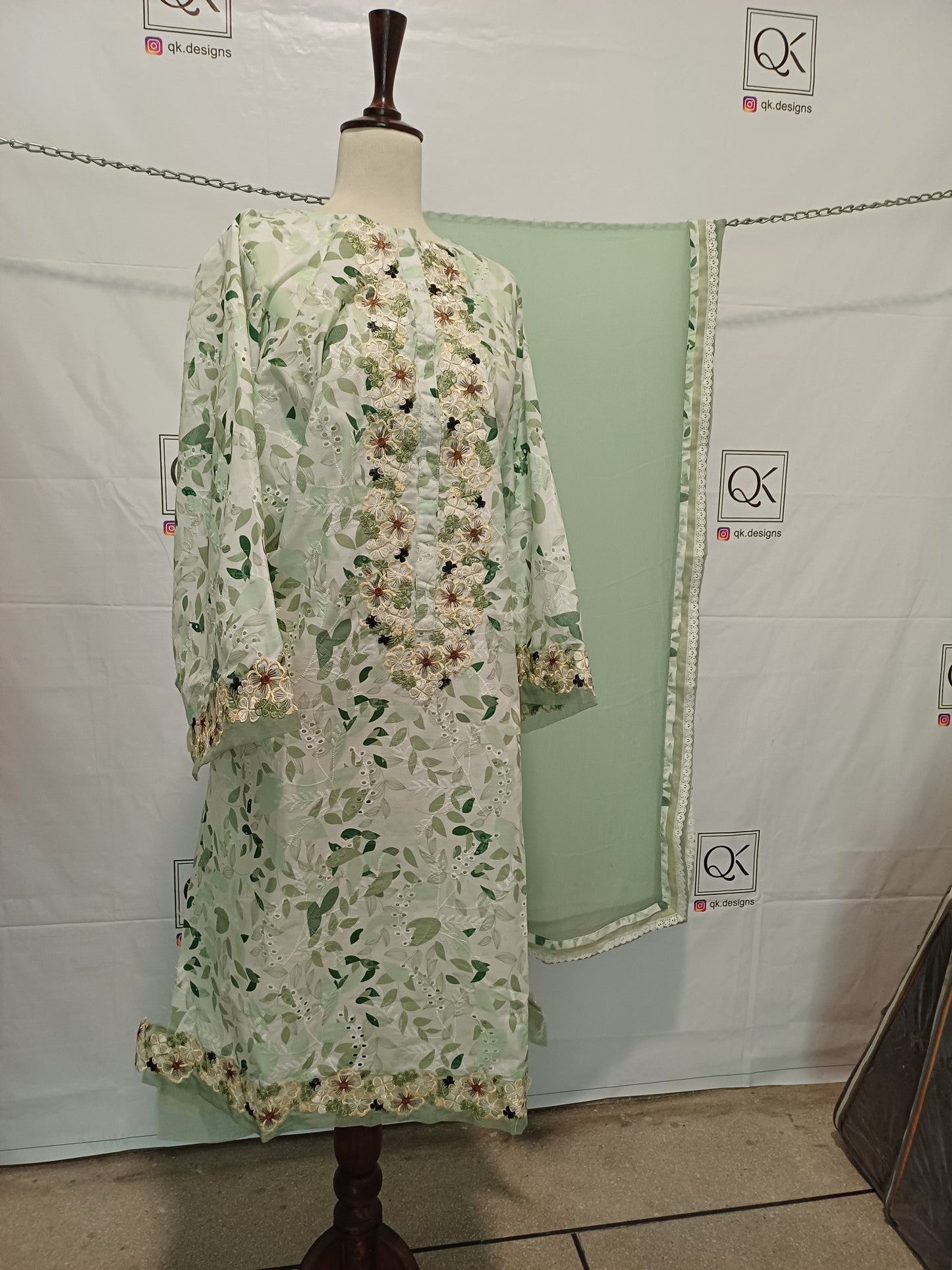 Verdant Trims – Pistachio Shirt with Ivory & Brown Lace Detailing