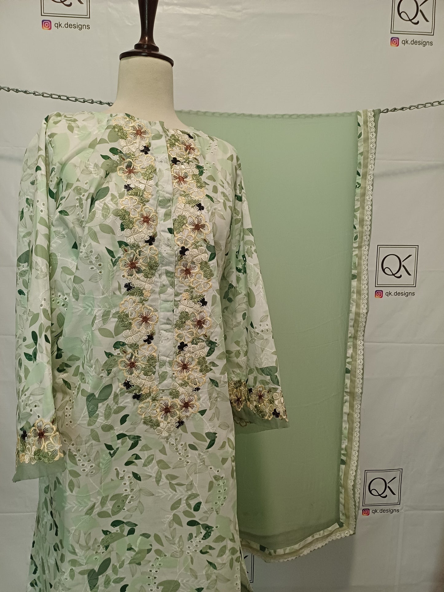 Verdant Trims – Pistachio Shirt with Ivory & Brown Lace Detailing