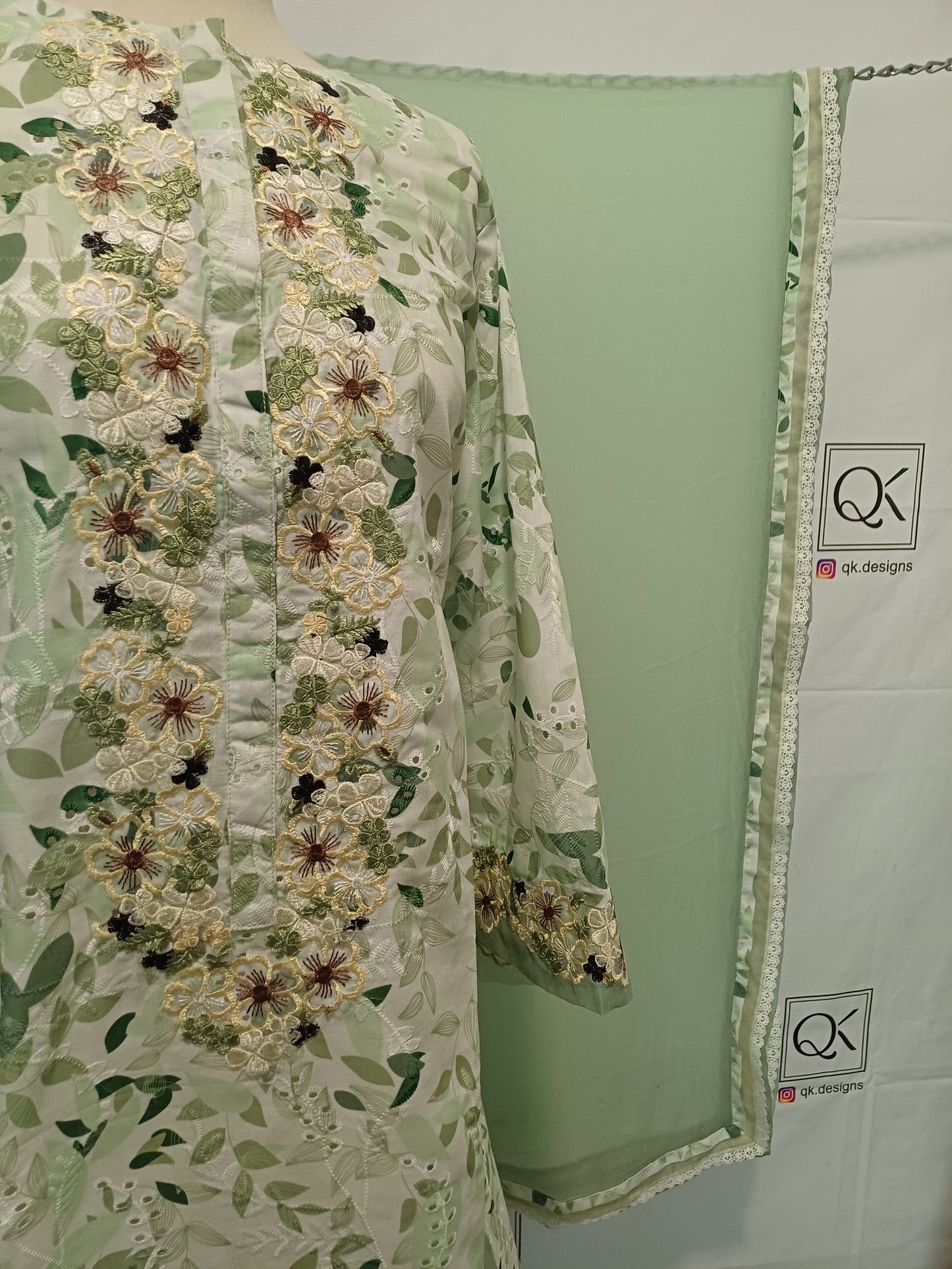 Verdant Trims – Pistachio Shirt with Ivory & Brown Lace Detailing