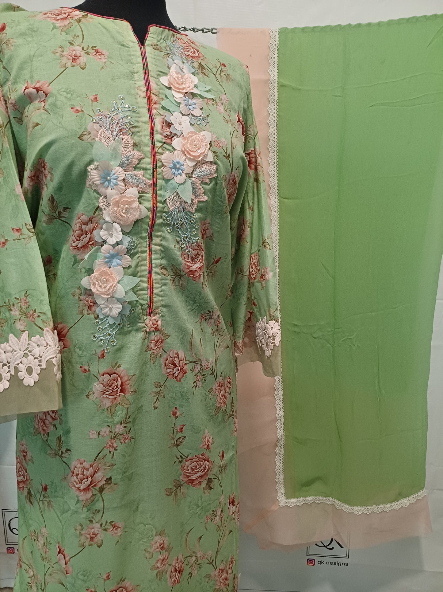 Petal Patch – Mint Green & Pink Floral Shirt with Two-Tone Dupatta