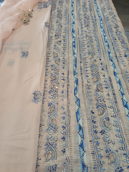 Abroo – Shadow Work Shirt in Peach with Blue Tarkashi