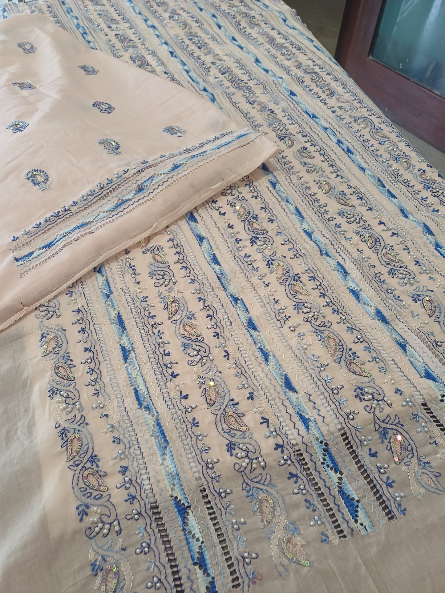 Abroo – Shadow Work Shirt in Peach with Blue Tarkashi