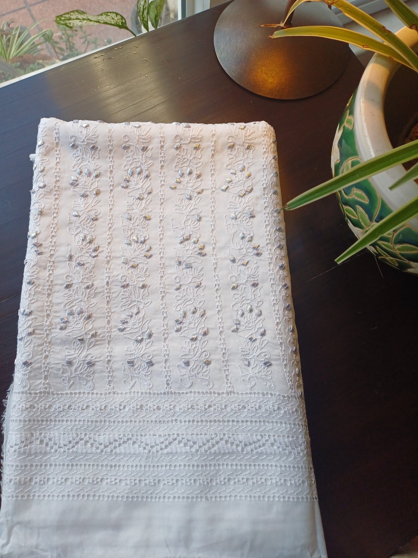 Noor-e-Beyaz – White Kurta Fabric with Silver Diamond Tukri & Tarkashi