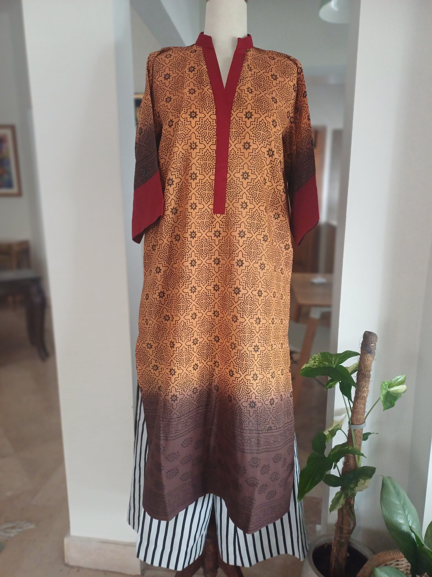 Zard Gul – Mustard & Brown Block-Printed Lawn Shirt with Red Color Block