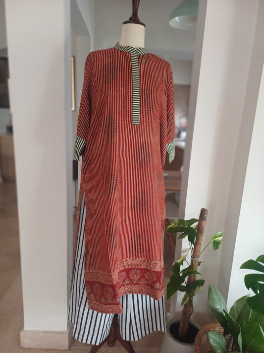 Gulnaar – Red Block Printed Lawn Shirt with Green Accents