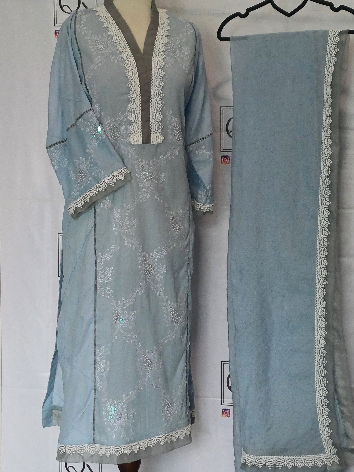Sky Haze – Light Blue & Grey Shadow Work Shirt with Dupatta