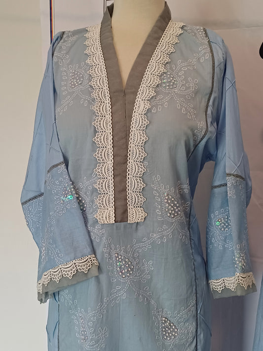 Sky Haze – Light Blue & Grey Shadow Work Shirt with Dupatta