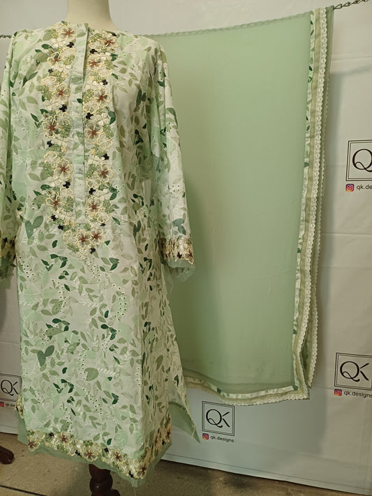 Verdant Trims – Pistachio Shirt with Ivory & Brown Lace Detailing