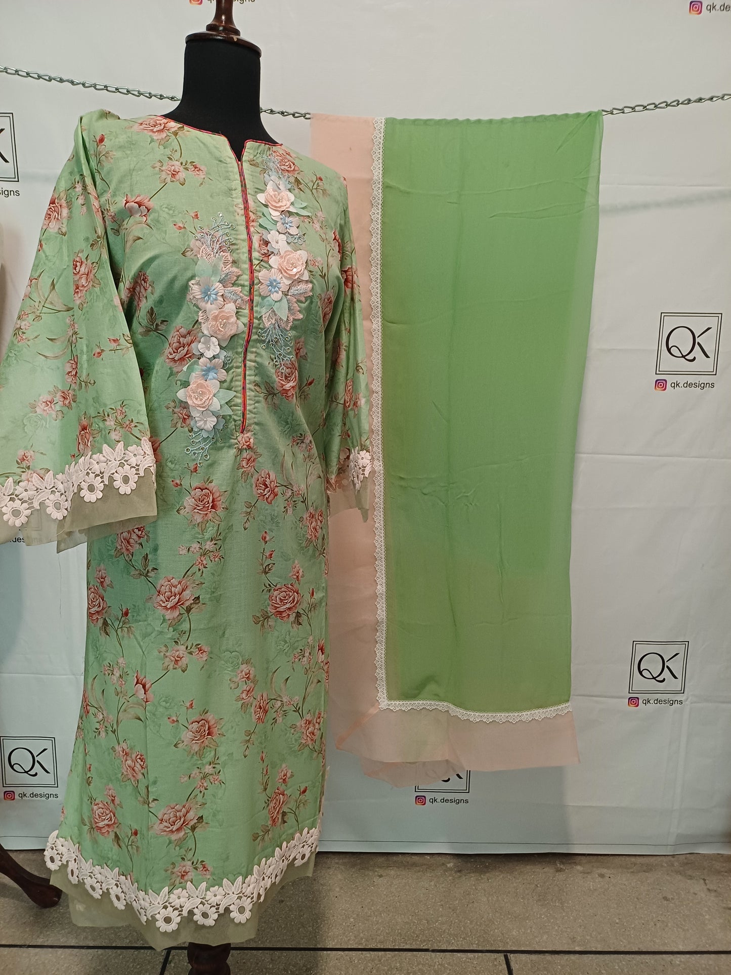 Petal Patch – Mint Green & Pink Floral Shirt with Two-Tone Dupatta