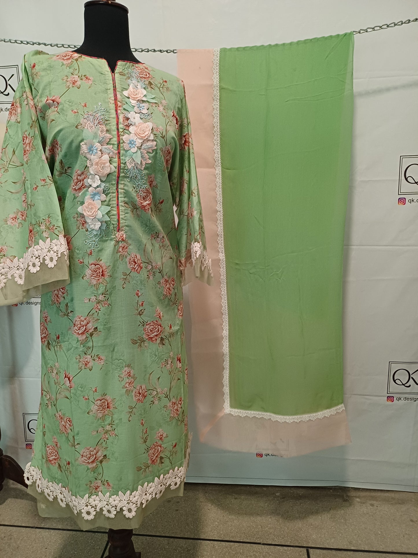 Petal Patch – Mint Green & Pink Floral Shirt with Two-Tone Dupatta