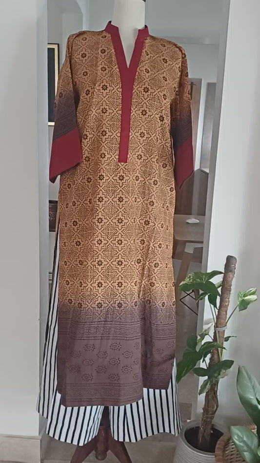 Zard Gul – Mustard & Brown Block-Printed Lawn Shirt with Red Color Block